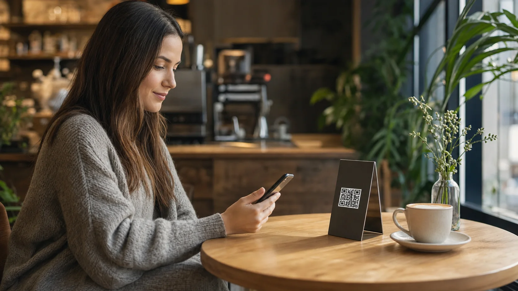 Customer scanning a QR code placed on a café table display