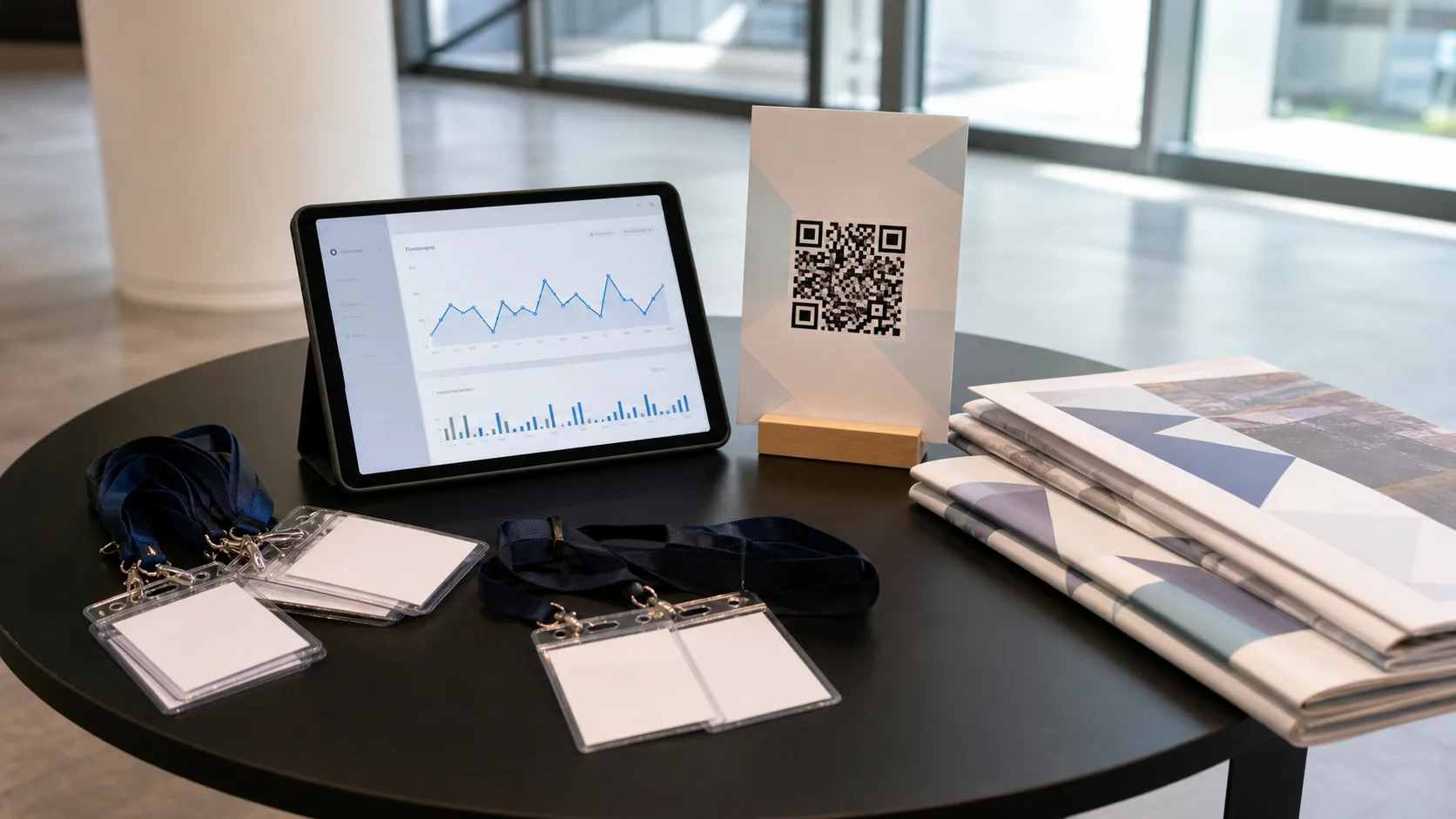 Tablet showing QR scan analytics beside event materials