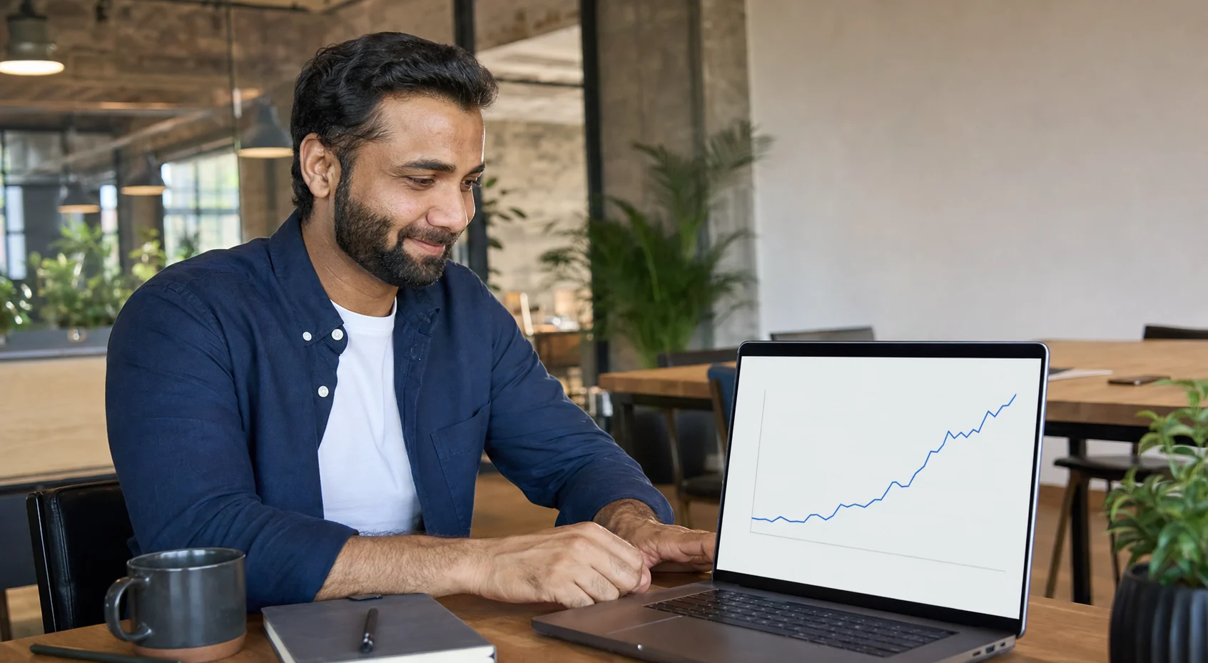 Business owner reviewing short-link click performance on a laptop