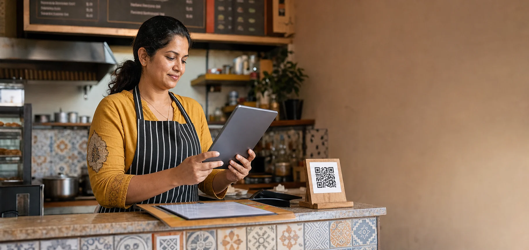 Business owner reviewing QR code scan activity in a real store