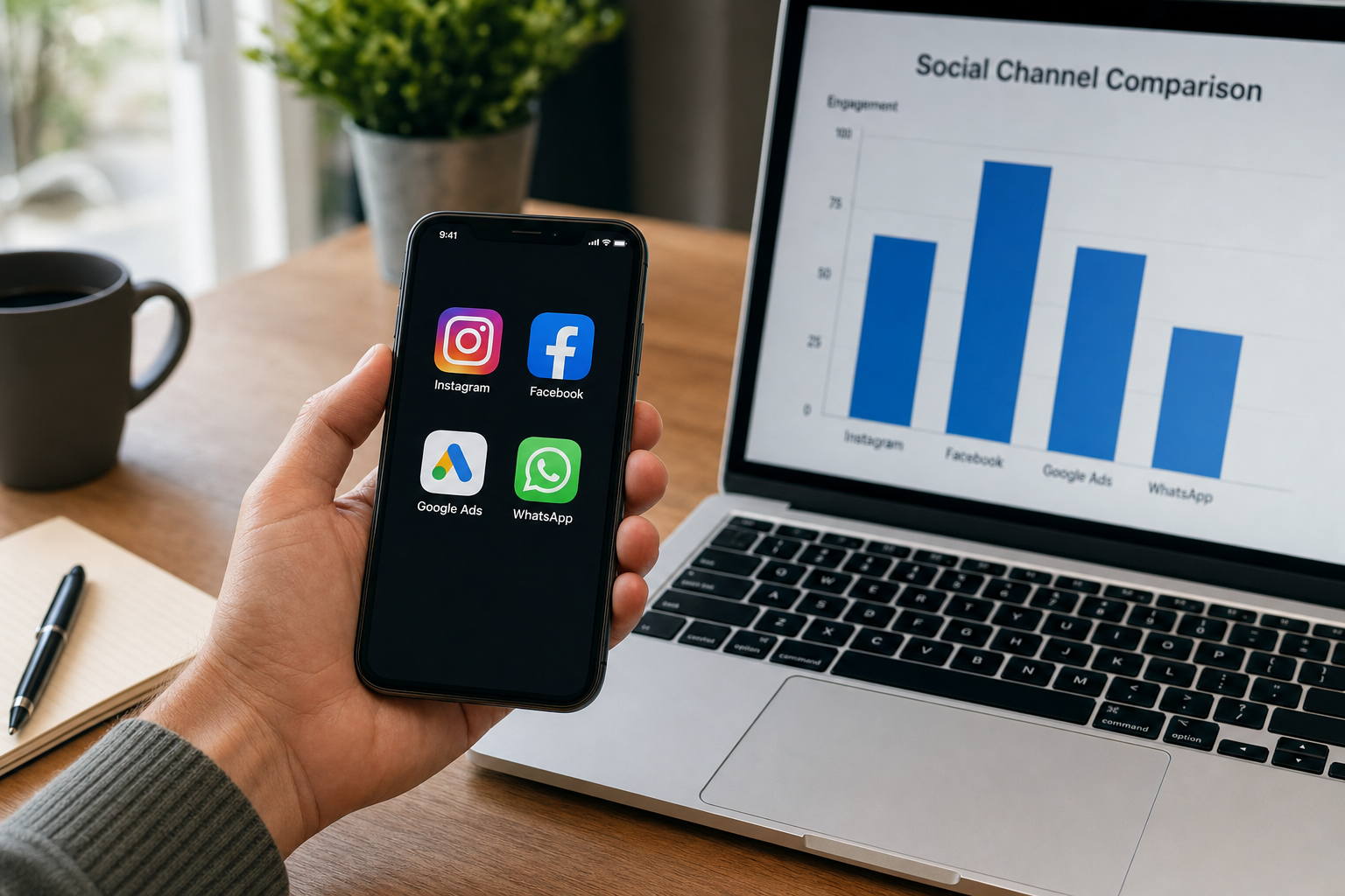 Person comparing marketing channels on a phone beside an analytics chart