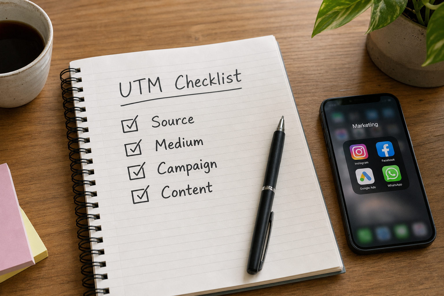 Open notebook with a UTM checklist for source, medium, campaign and content